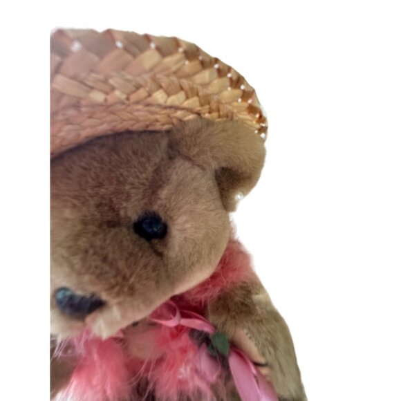 Bearly People Pink feather boa pearls rose tan bear 12" jointed vintage - Picture 10 of 13